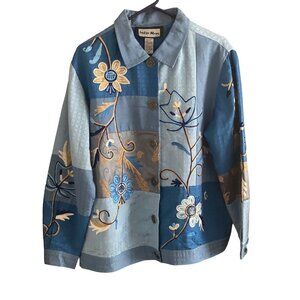 Women Indigo Moon Cotton Silk Embroidered Flower Patchwork Blue Teal Jacket  M